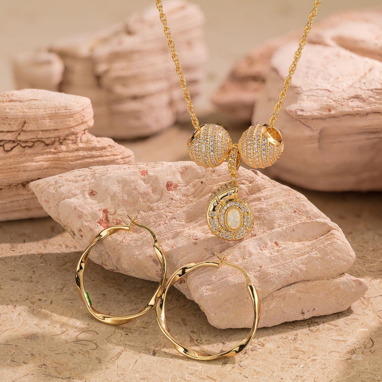 Sterling Silver Exquisite Moonstone Charms Necklace Set In 14K Gold Plated
