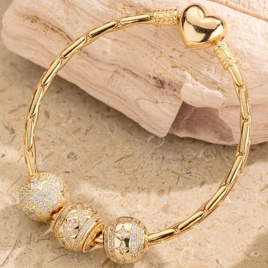 gona- Sterling Silver Twinkling Star Charms Bracelet Set In 14K Gold Plated (Includes bracelet and all charms shown)