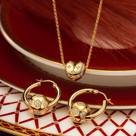 gona- Sterling Silver Full of Love Charms Necklace and Earrings Set In 14K Gold Plated