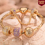 Sterling Silver Purple Luck Charms Bracelet Set With Enamel In 14K Gold Plated (Includes bracelet and all charms shown)