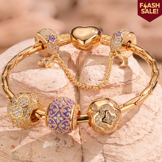 gona- Sterling Silver Purple Luck Charms Bracelet Set With Enamel In 14K Gold Plated (Includes bracelet and all charms shown)