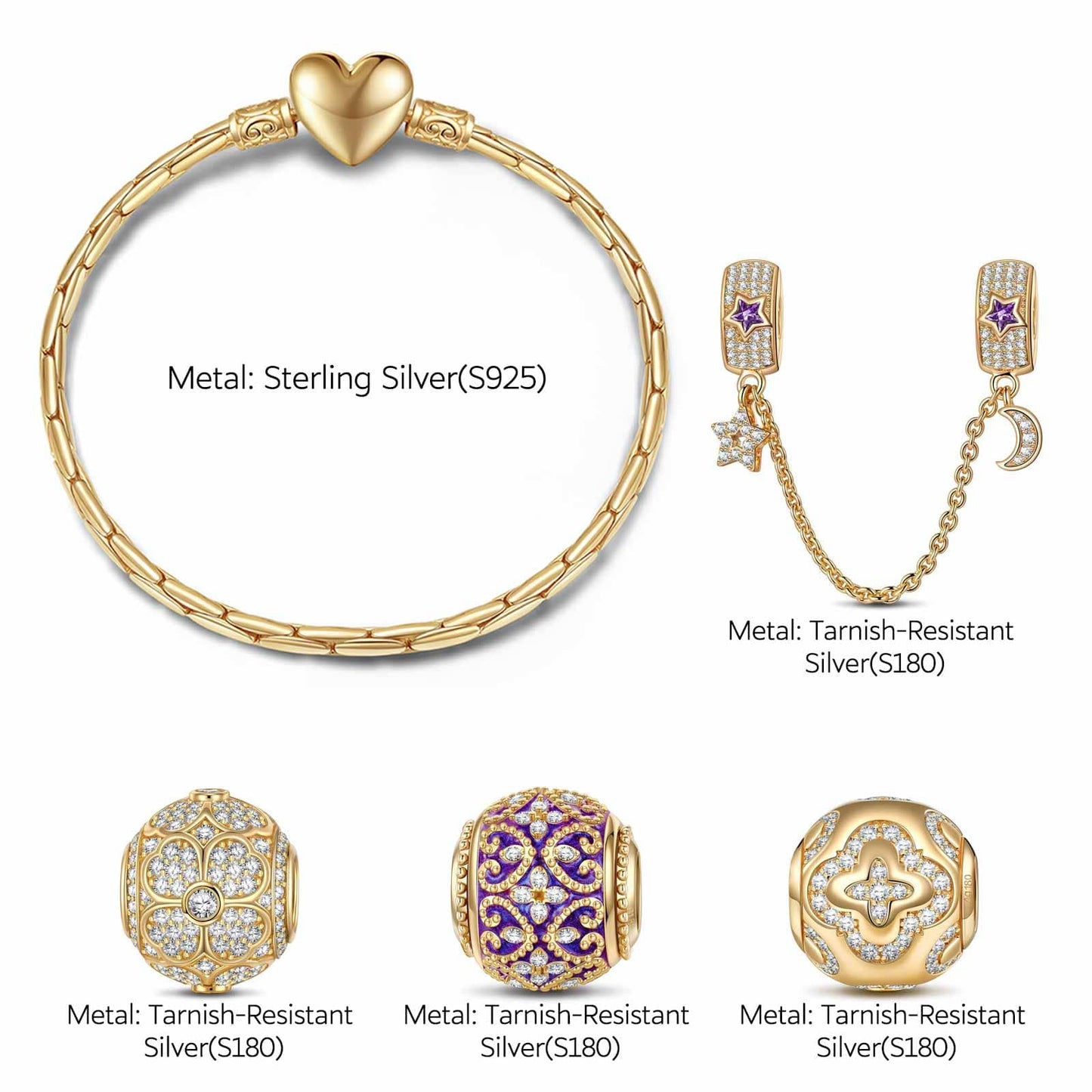 Sterling Silver Purple Luck Charms Bracelet Set With Enamel In 14K Gold Plated (Includes bracelet and all charms shown)