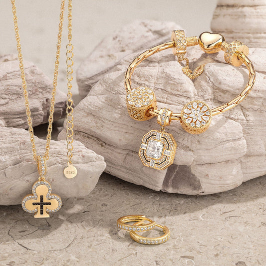 gona- Sterling Silver Luxurious Splendor Charms Bracelet and Necklace and Earrings Set In 14K Gold Plated