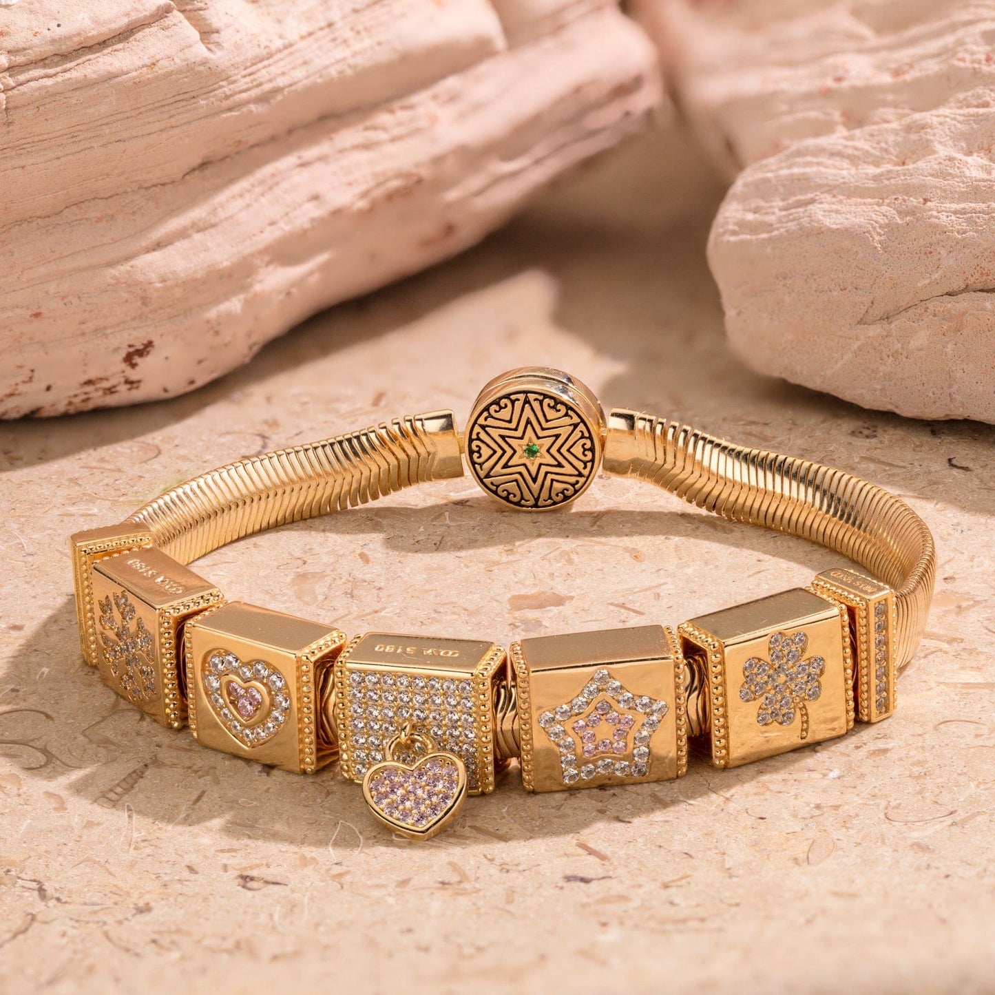 Sterling Silver Unlimited Love Rectangular Charms Bracelet Set With Enamel In 14K Gold Plated (Includes bracelet and all charms shown)