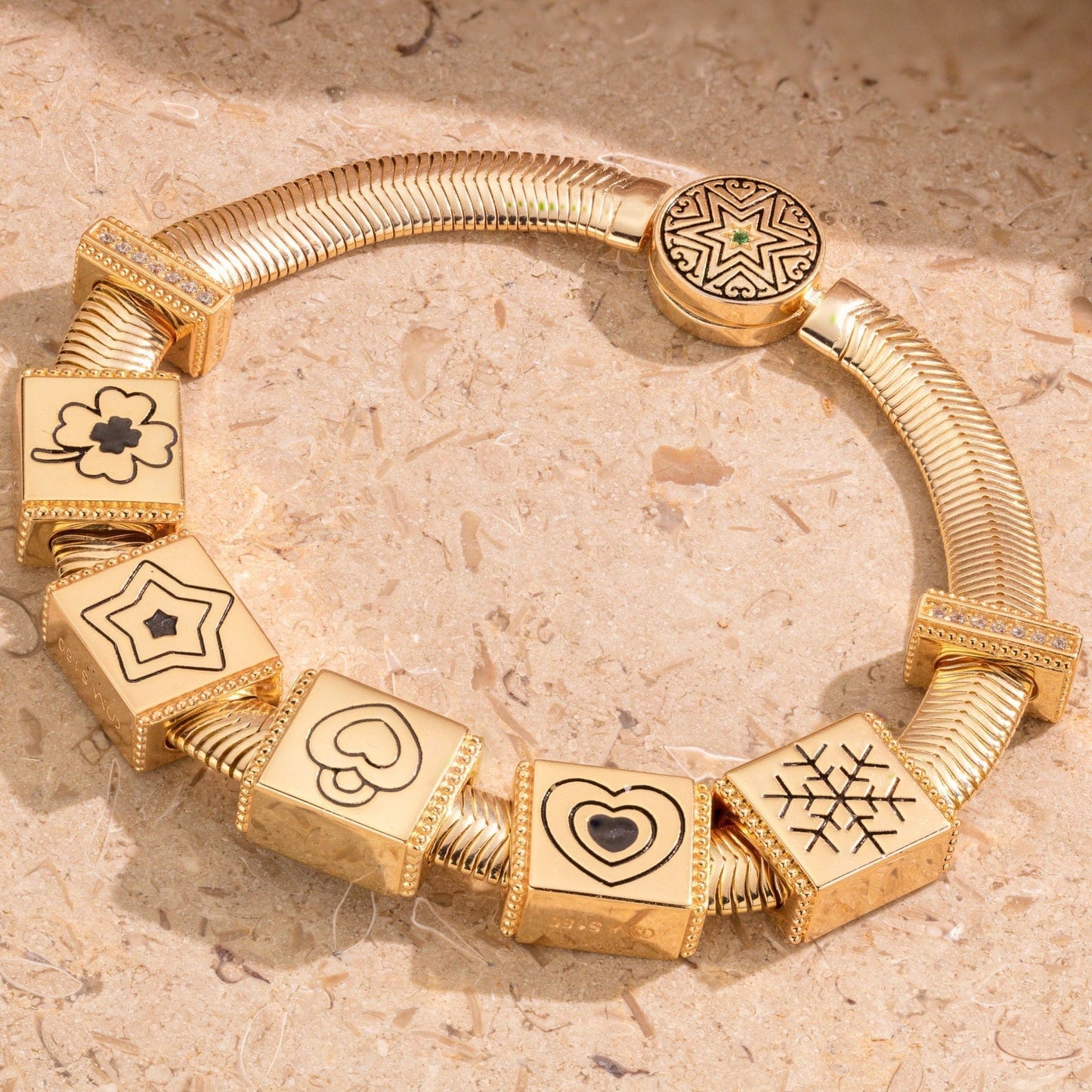 Sterling Silver Unlimited Love Rectangular Charms Bracelet Set With Enamel In 14K Gold Plated (Includes bracelet and all charms shown)