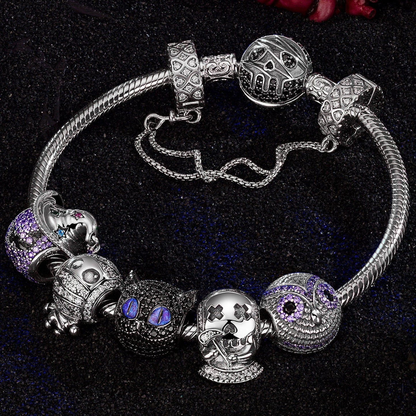 Sterling Silver Spooky Fun Charms Bracelet Set With Enamel In Two-Tone Plating (Includes bracelet and all charms shown)