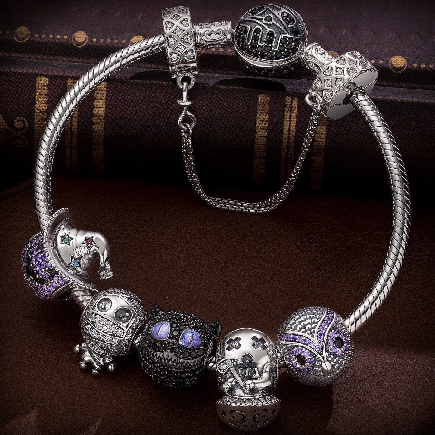 Sterling Silver Spooky Fun Charms Bracelet Set With Enamel In Two-Tone Plating (Includes bracelet and all charms shown)