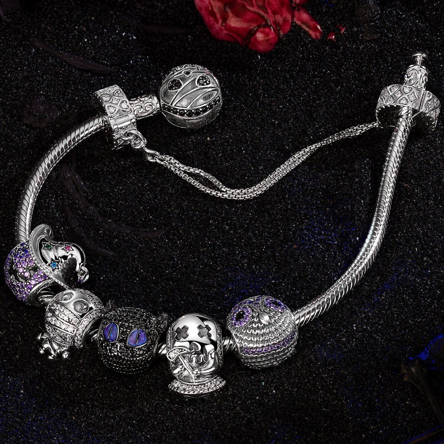 Sterling Silver Spooky Fun Charms Bracelet Set With Enamel In Two-Tone Plating (Includes bracelet and all charms shown)