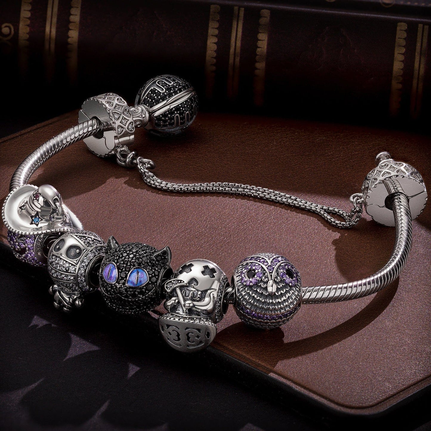 Sterling Silver Spooky Fun Charms Bracelet Set With Enamel In Two-Tone Plating (Includes bracelet and all charms shown)