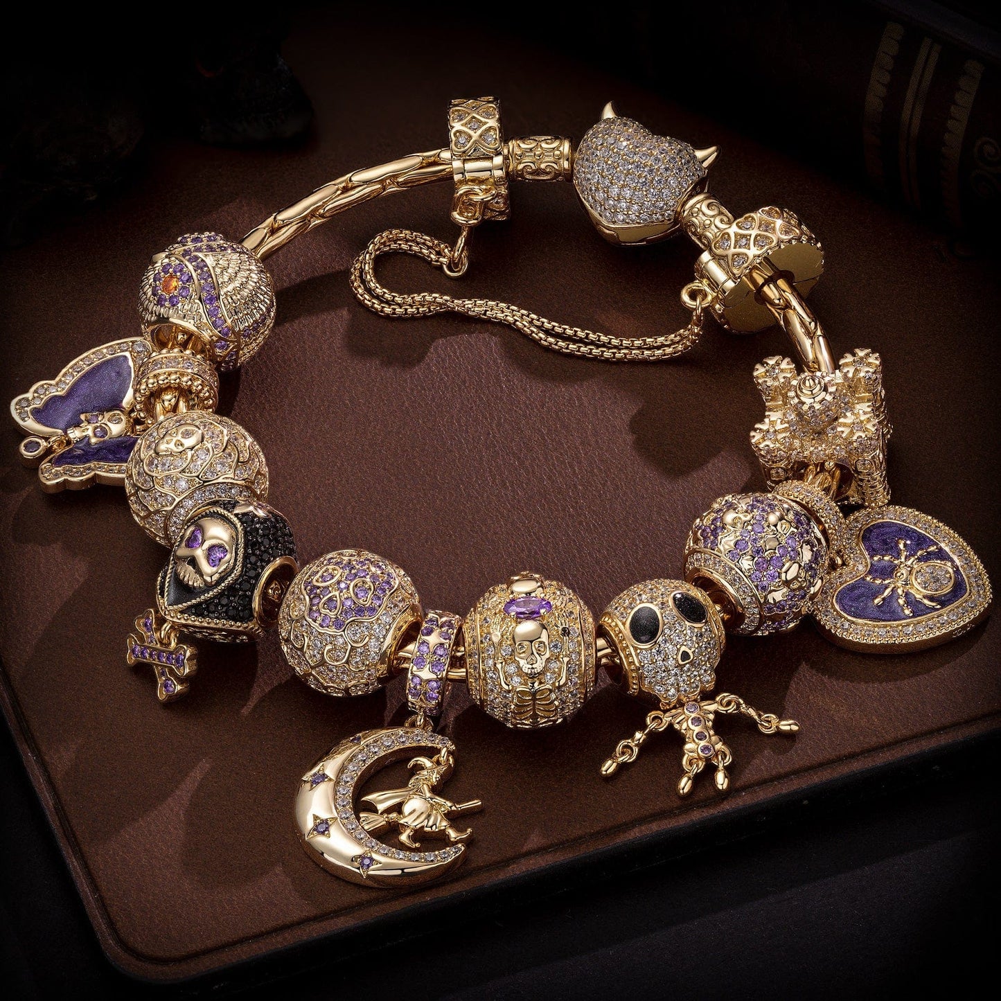 Sterling Silver Haunting Ghost Charms Bracelet Set With Enamel In Two-Tone Plating (Includes bracelet and all charms shown)