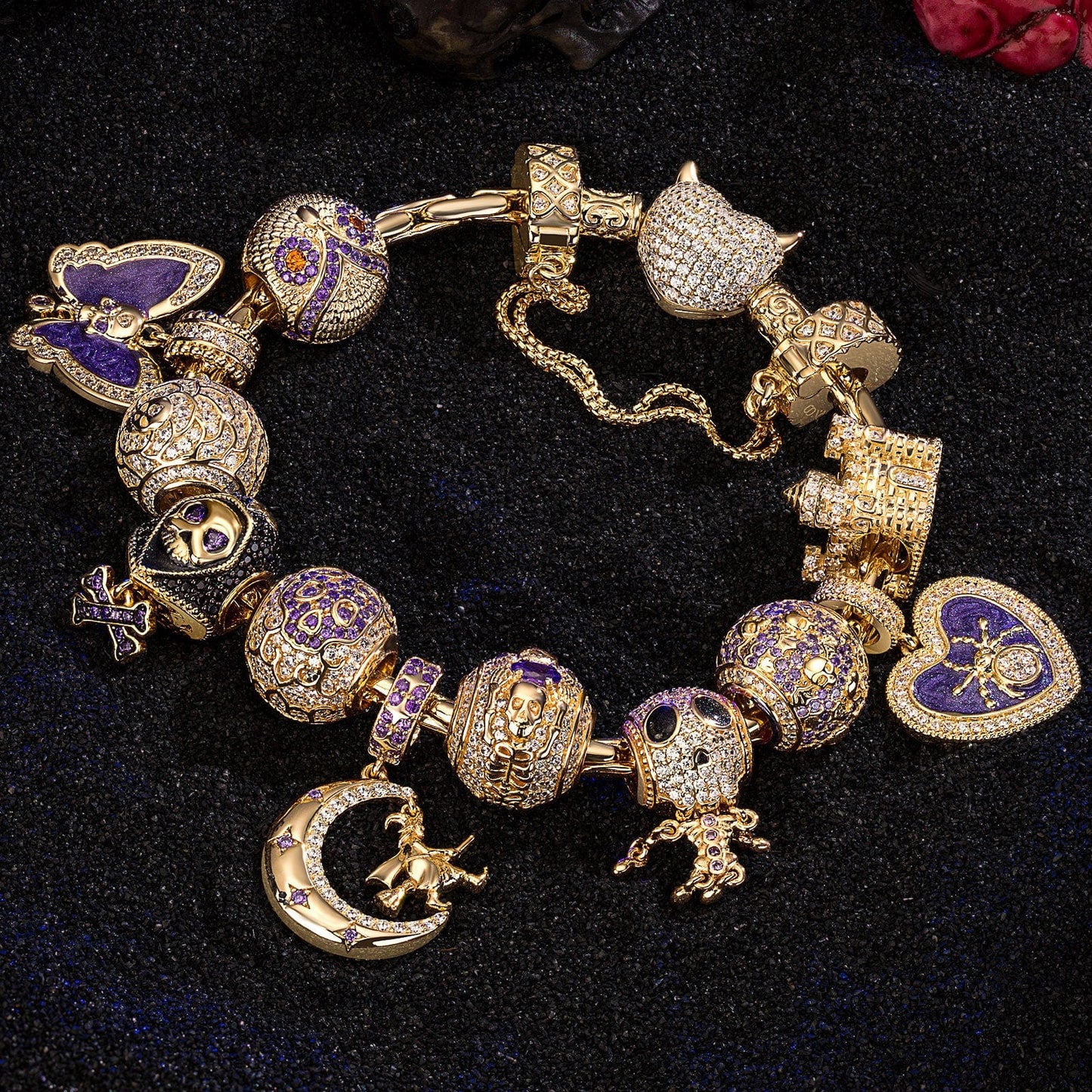 Sterling Silver Haunting Ghost Charms Bracelet Set With Enamel In Two-Tone Plating (Includes bracelet and all charms shown)