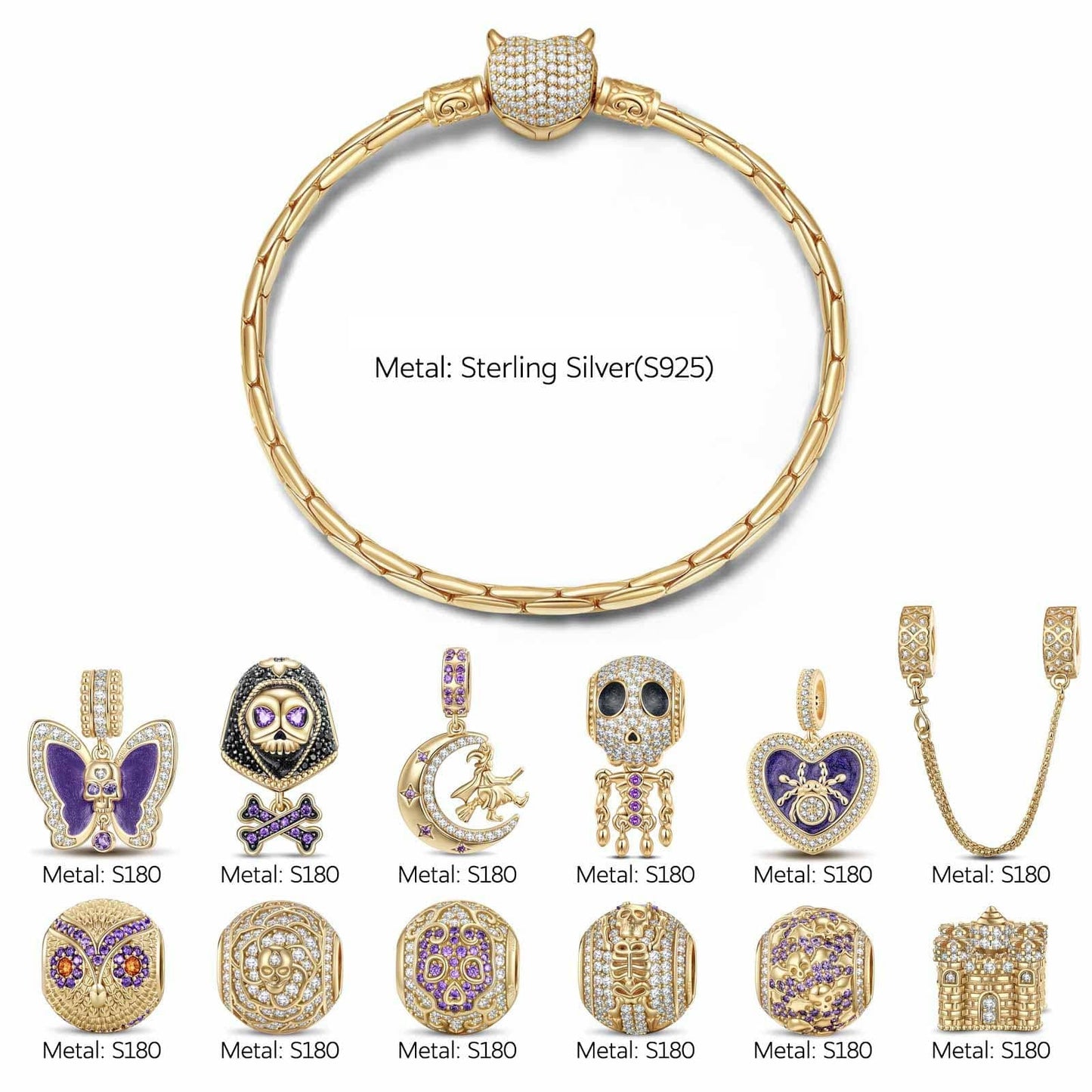 Sterling Silver Haunting Ghost Charms Bracelet Set With Enamel In Two-Tone Plating (Includes bracelet and all charms shown)