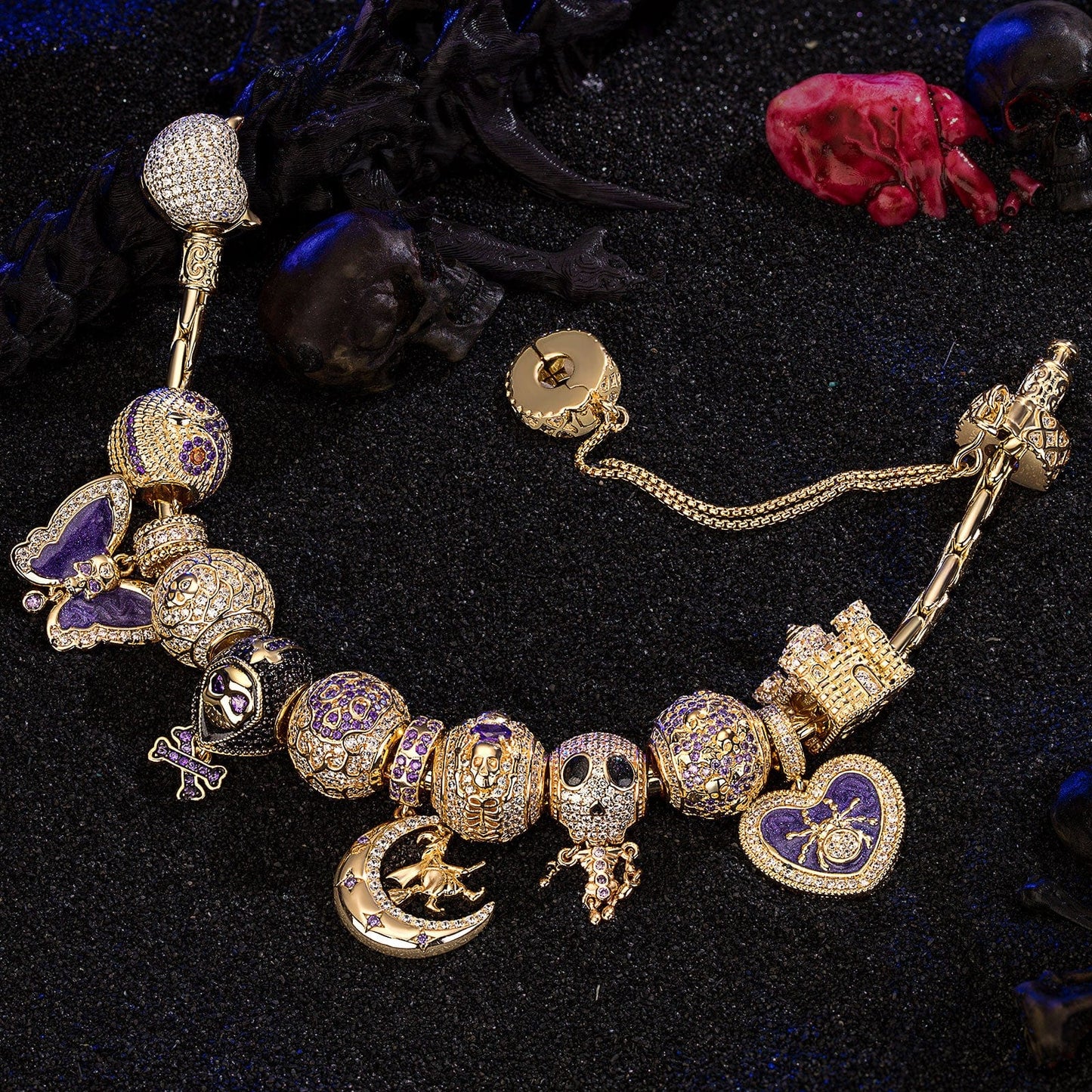 Sterling Silver Haunting Ghost Charms Bracelet Set With Enamel In Two-Tone Plating (Includes bracelet and all charms shown)