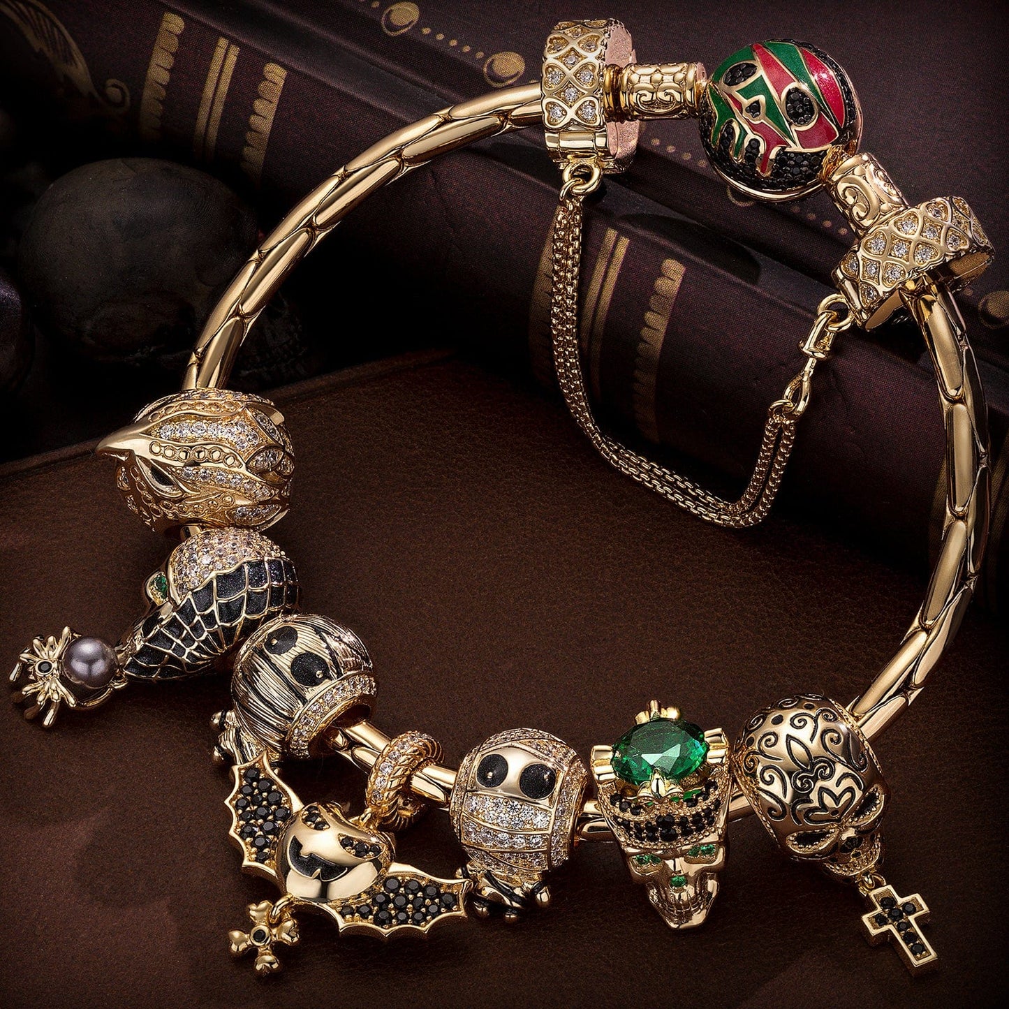Sterling Silver Kingly Halloween Charms Bracelet Set With Enamel In 14K Gold Plated (Includes bracelet and all charms shown)