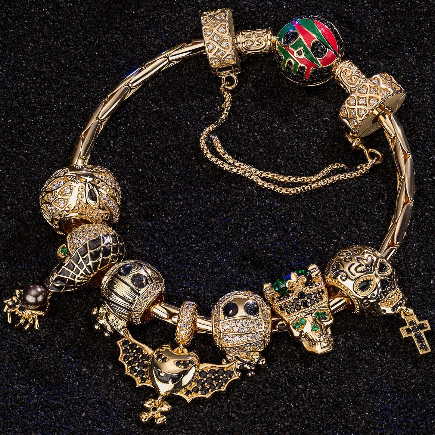 Sterling Silver Kingly Halloween Charms Bracelet Set With Enamel In 14K Gold Plated (Includes bracelet and all charms shown)