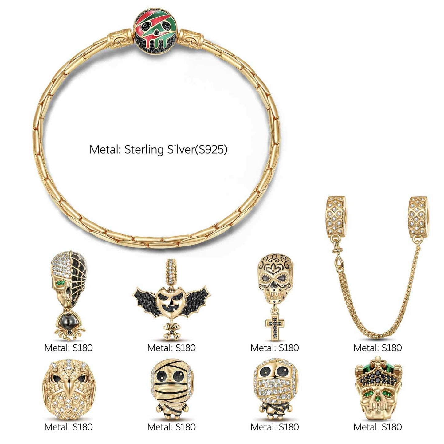 Sterling Silver Kingly Halloween Charms Bracelet Set With Enamel In 14K Gold Plated (Includes bracelet and all charms shown)