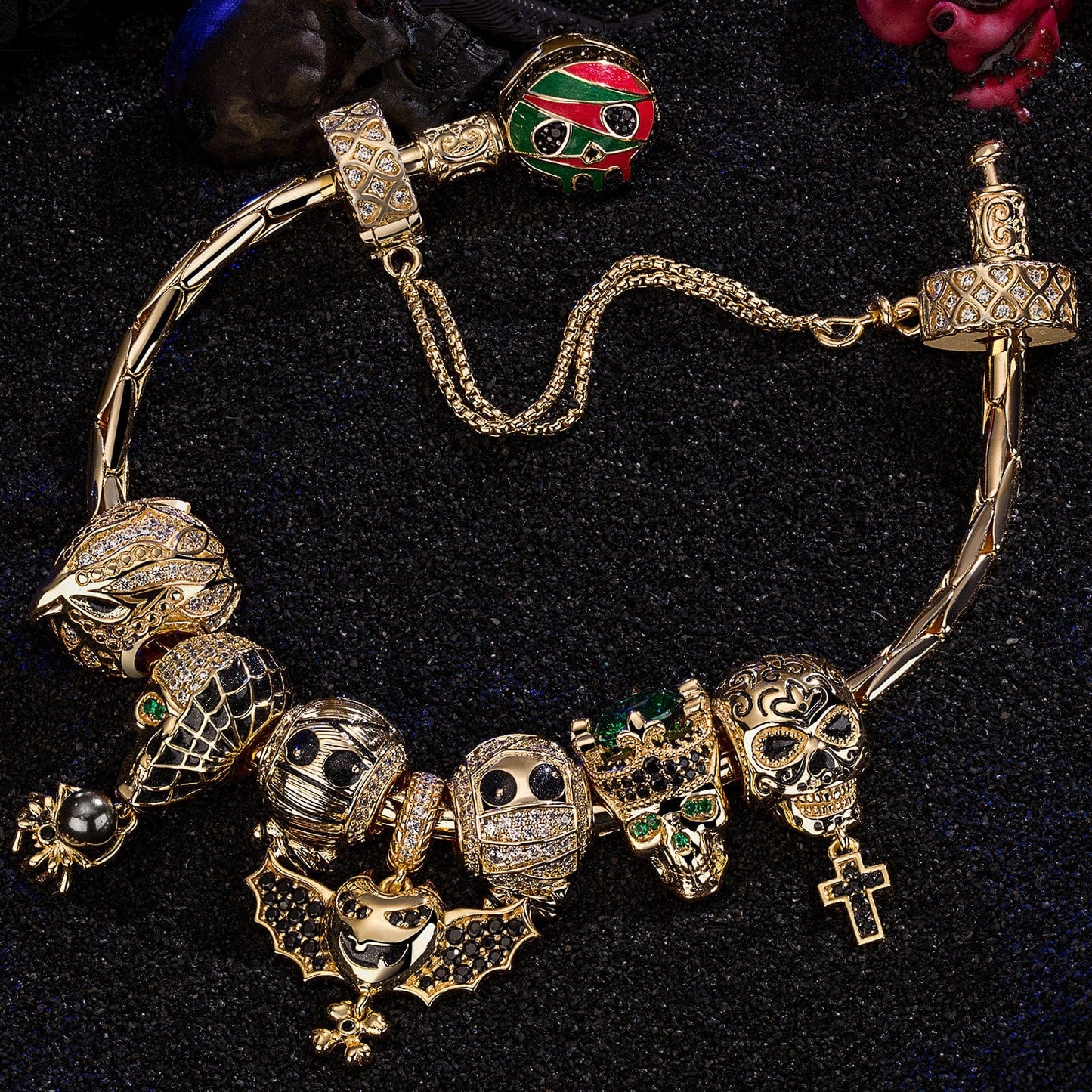 Sterling Silver Kingly Halloween Charms Bracelet Set With Enamel In 14K Gold Plated (Includes bracelet and all charms shown)