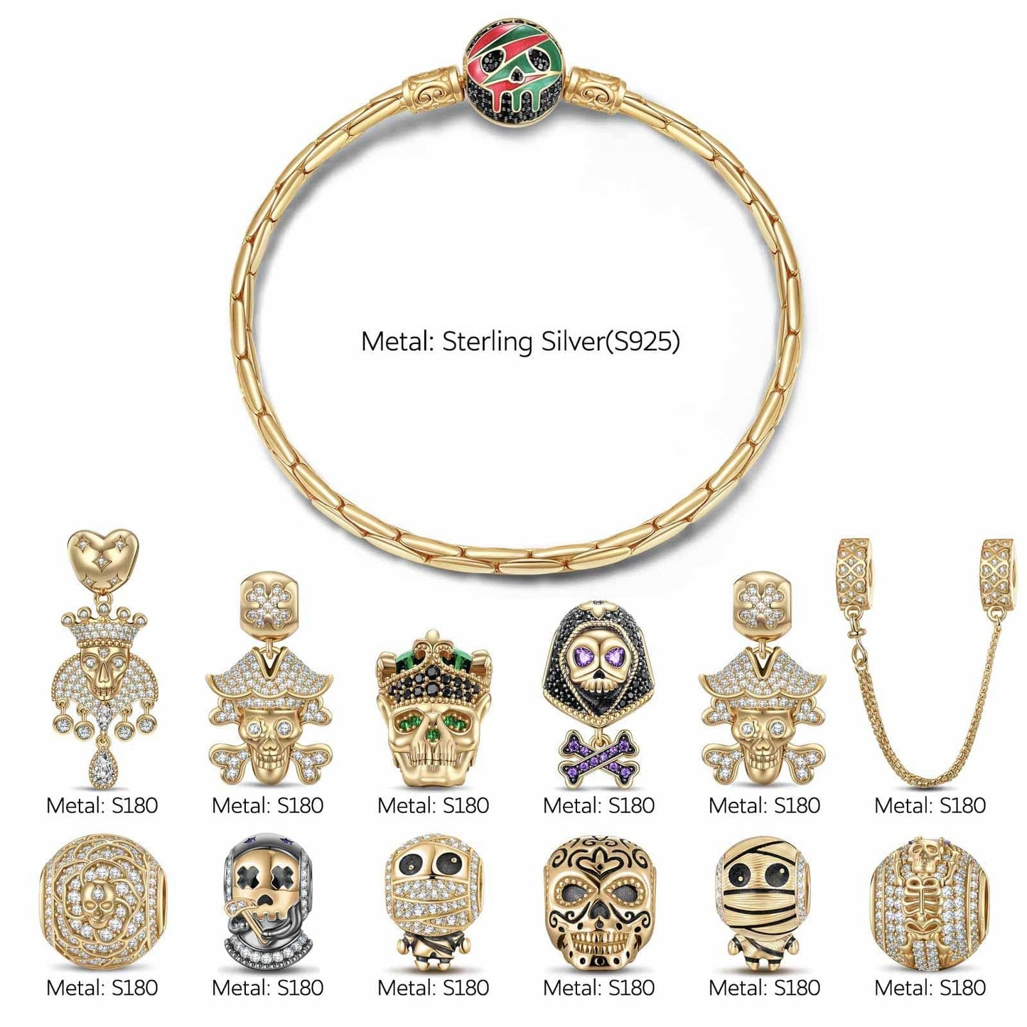 Limited Edition Flash Sale: Sterling Silver Skull Empire Charms Bracelet Set With Enamel In 14K Gold Plated (Includes bracelet and all charms shown)