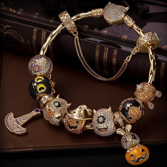 gona- Sterling Silver The Monsters' Revelry Charms Bracelet Set With Enamel In 14K Gold Plated (Includes bracelet and all charms shown)