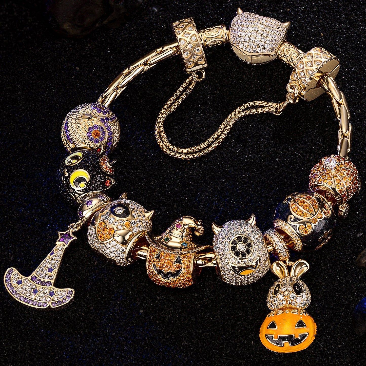 Sterling Silver The Monsters' Revelry Charms Bracelet Set With Enamel In 14K Gold Plated (Includes bracelet and all charms shown)
