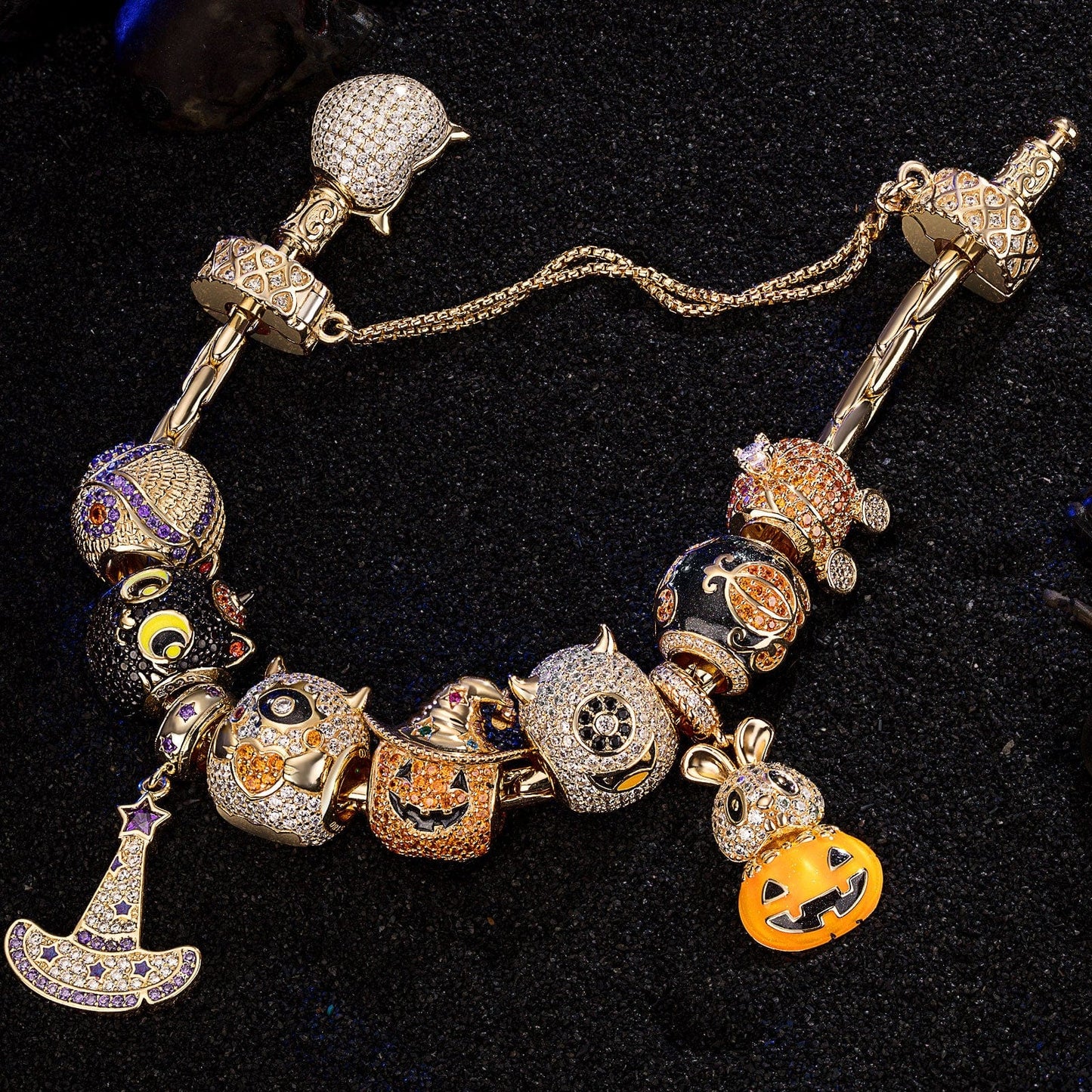 Sterling Silver The Monsters' Revelry Charms Bracelet Set With Enamel In 14K Gold Plated (Includes bracelet and all charms shown)