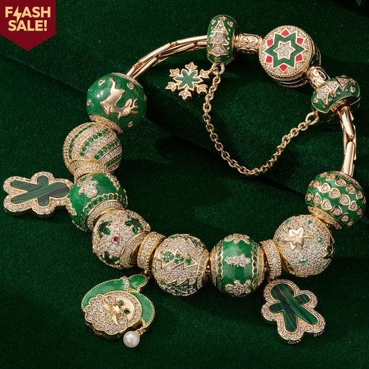 gona- Sterling Silver Merry Evergreen Charms Bracelet Set With Enamel In 14K Gold Plated (Includes bracelet and all charms shown)