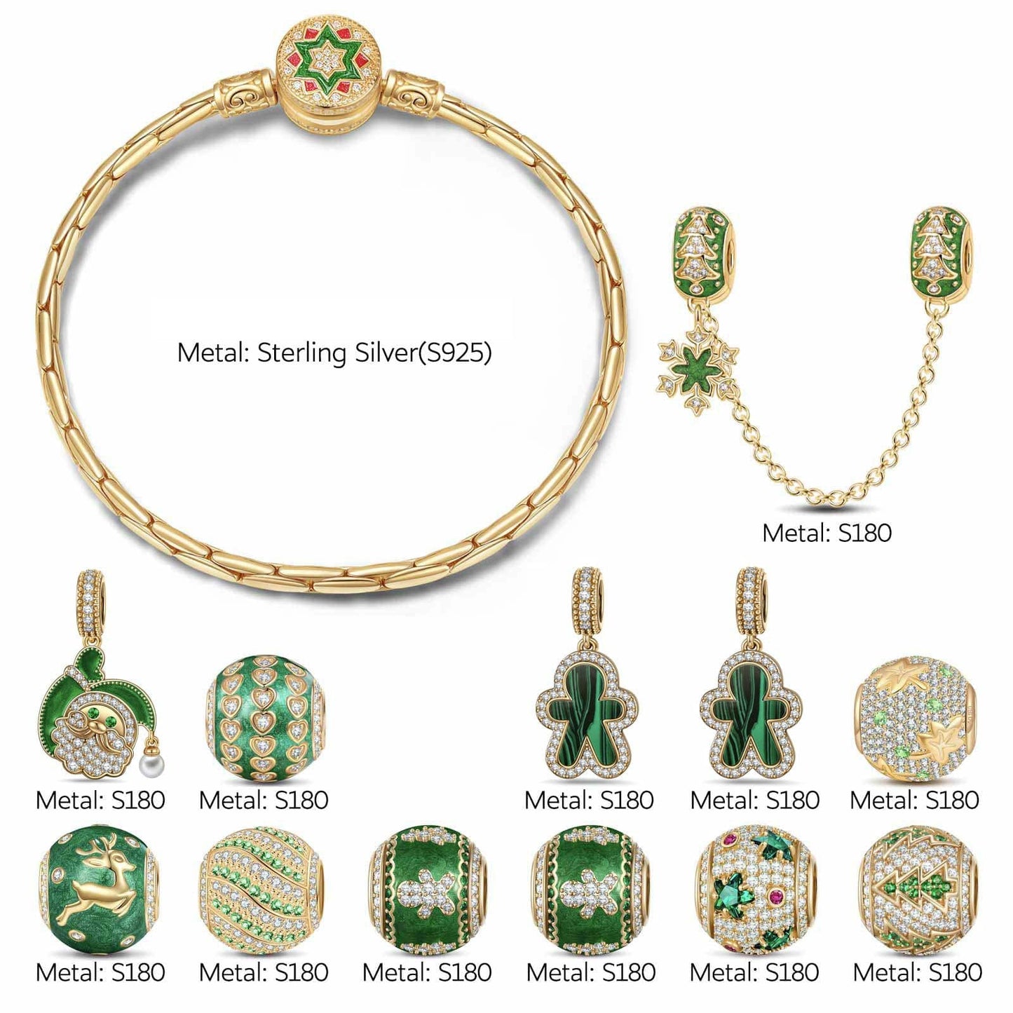 Sterling Silver Merry Evergreen Charms Bracelet Set With Enamel In 14K Gold Plated (Includes bracelet and all charms shown)