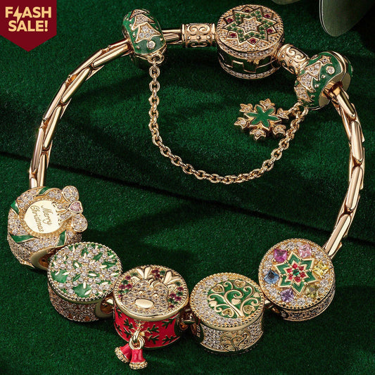 gona- Sterling Silver Joyous Festive Charms Bracelet Set With Enamel In 14K Gold Plated (Includes bracelet and all charms shown)