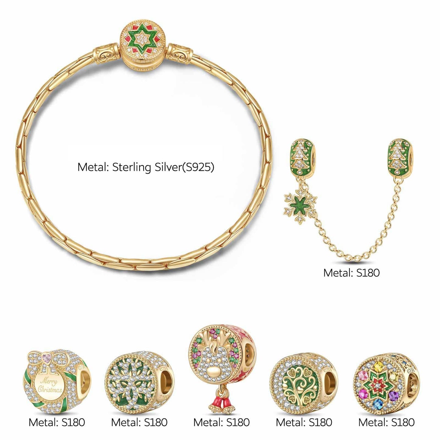 Sterling Silver Joyous Festive Charms Bracelet Set With Enamel In 14K Gold Plated (Includes bracelet and all charms shown)