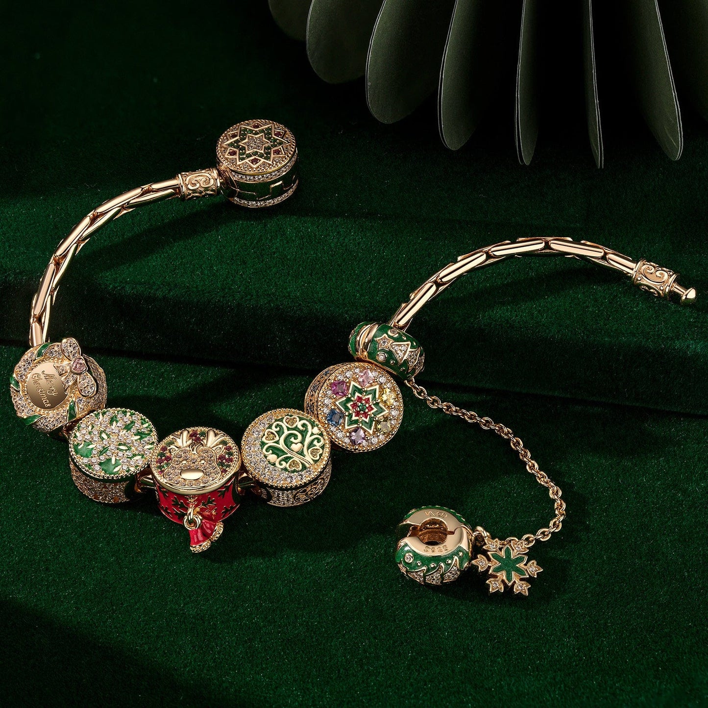 Sterling Silver Joyous Festive Charms Bracelet Set With Enamel In 14K Gold Plated (Includes bracelet and all charms shown)