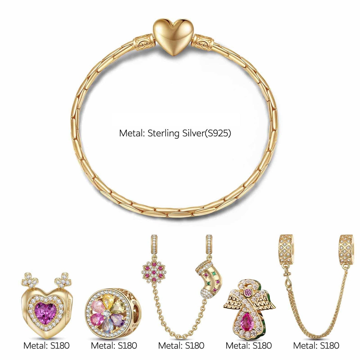 Sterling Silver Gleeful Yuletide Fairies Charms Bracelet Set In 14K Gold Plated (Includes bracelet and all charms shown)