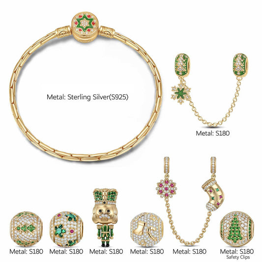 gona- Sterling Silver Emerald Christmas Sentinel Charms Bracelet Set With Enamel In 14K Gold Plated (Includes bracelet and all charms shown)