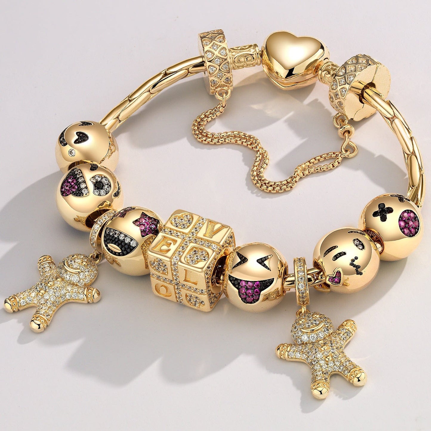 Sterling Silver Smile and Embrace Charms Bracelet Set With Enamel In 14K Gold Plated (Includes bracelet and all charms shown)