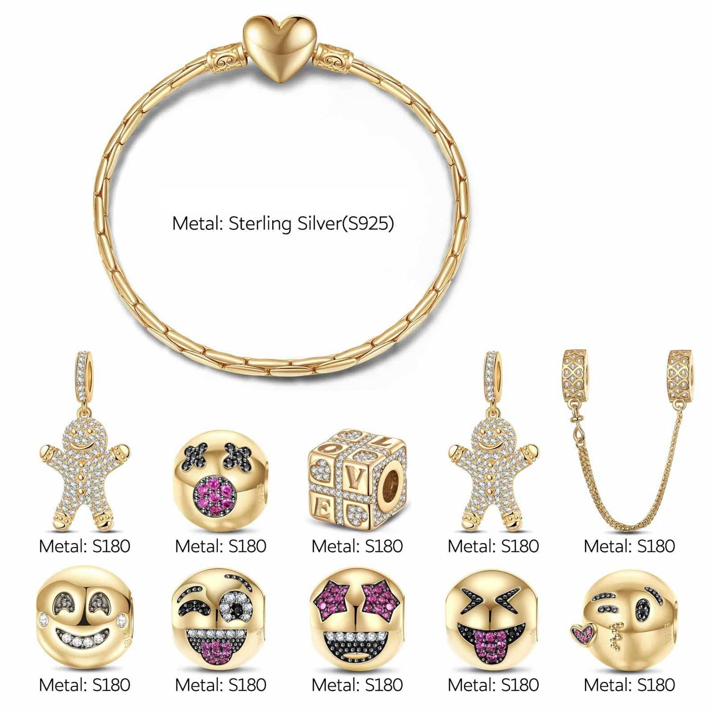 Sterling Silver Smile and Embrace Charms Bracelet Set With Enamel In 14K Gold Plated (Includes bracelet and all charms shown)