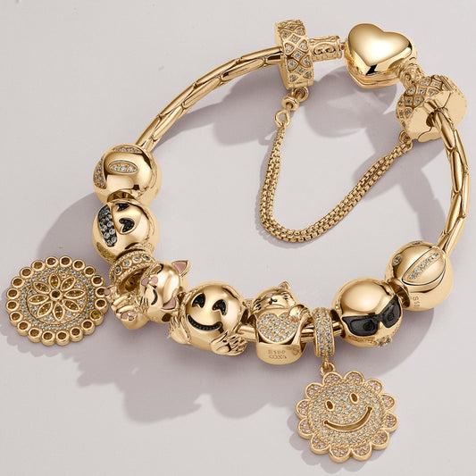 gona- Sterling Silver Joyful Beaming Charms Bracelet Set With Enamel In 14K Gold Plated (Includes bracelet and all charms shown)