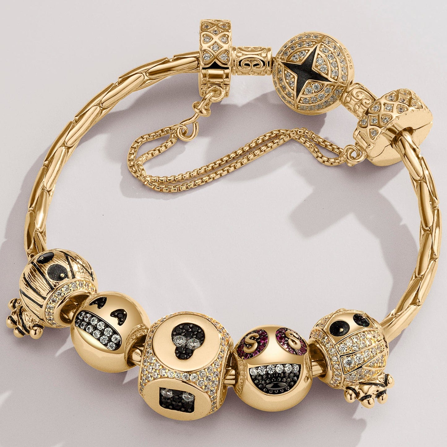 Sterling Silver Grinning Bliss Charms Bracelet Set With Enamel In 14K Gold Plated (Includes bracelet and all charms shown)
