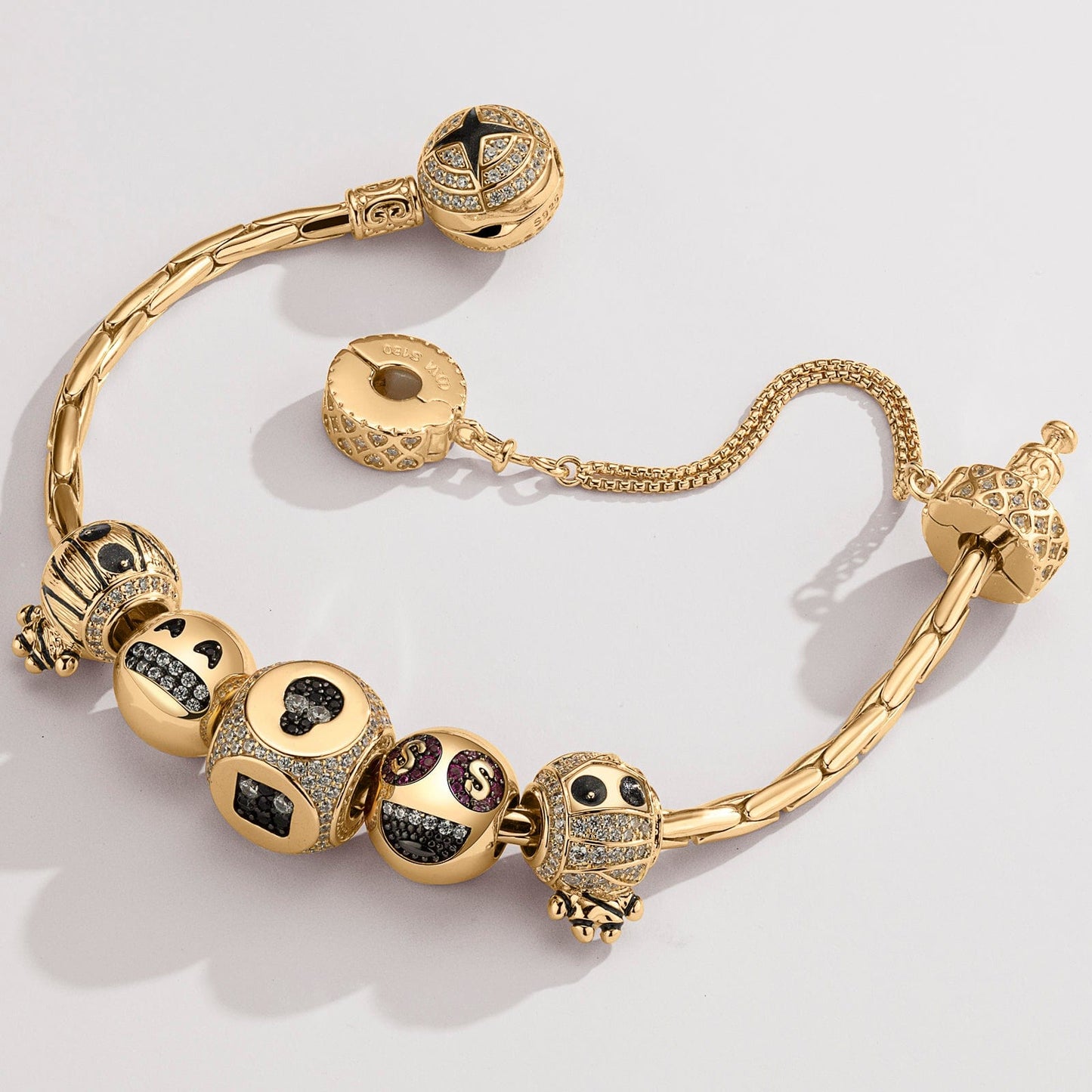 Sterling Silver Grinning Bliss Charms Bracelet Set With Enamel In 14K Gold Plated (Includes bracelet and all charms shown)