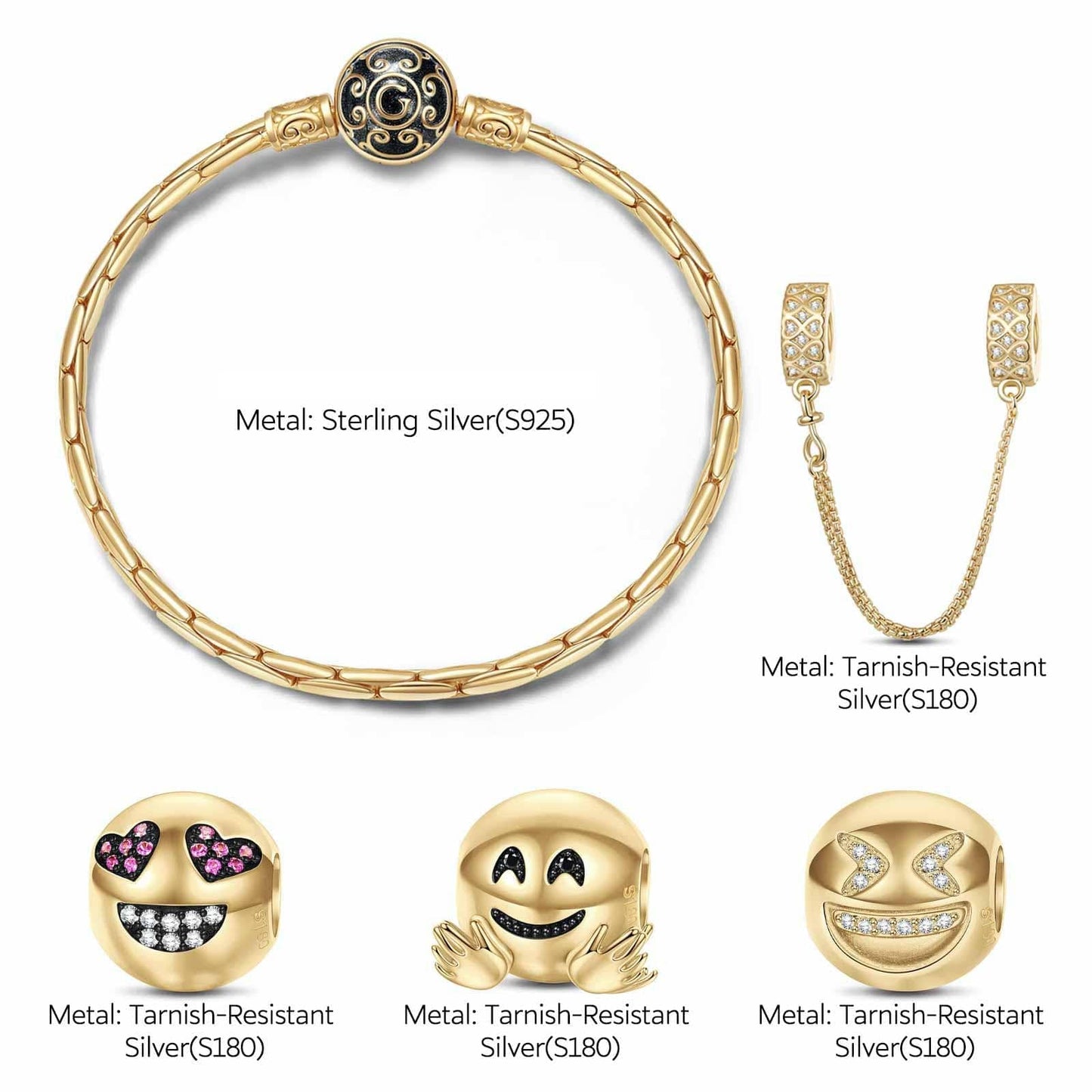 Sterling Silver Funny Hug Charms Bracelet Set With Enamel In 14K Gold Plated (Includes bracelet and all charms shown)
