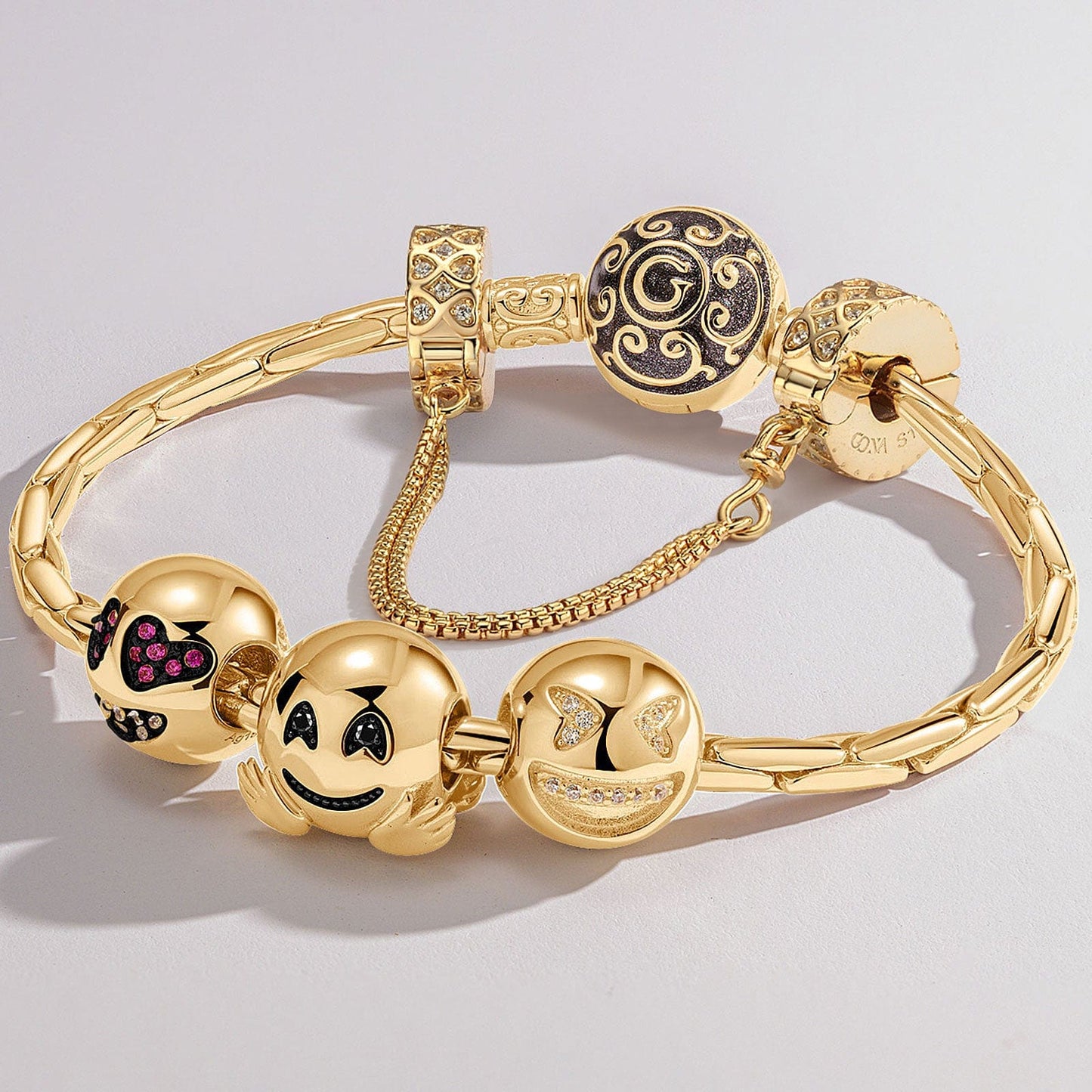 Sterling Silver Funny Hug Charms Bracelet Set With Enamel In 14K Gold Plated (Includes bracelet and all charms shown)