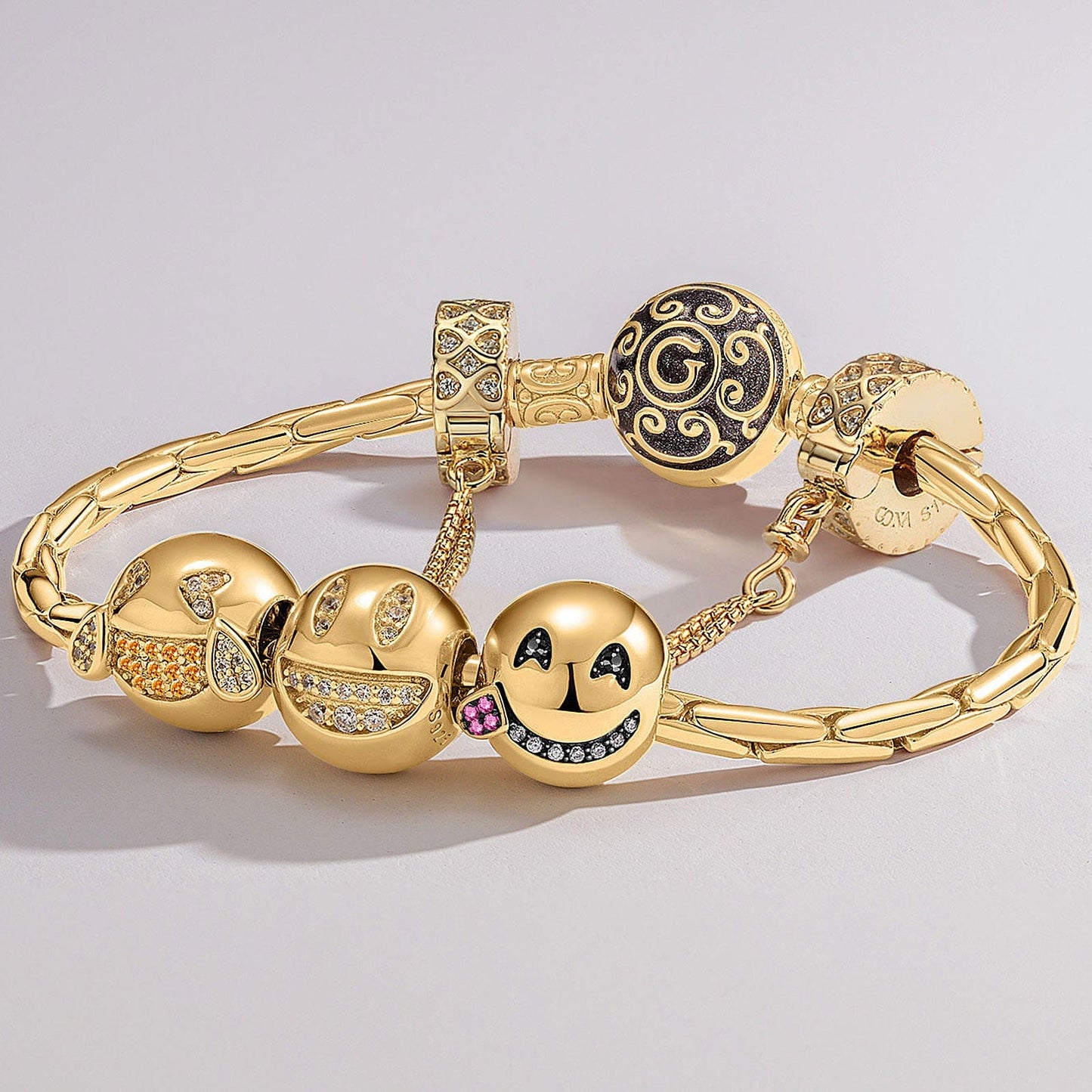 Sterling Silver Humorous Emojis Charms Bracelet Set With Enamel In 14K Gold Plated (Includes bracelet and all charms shown)