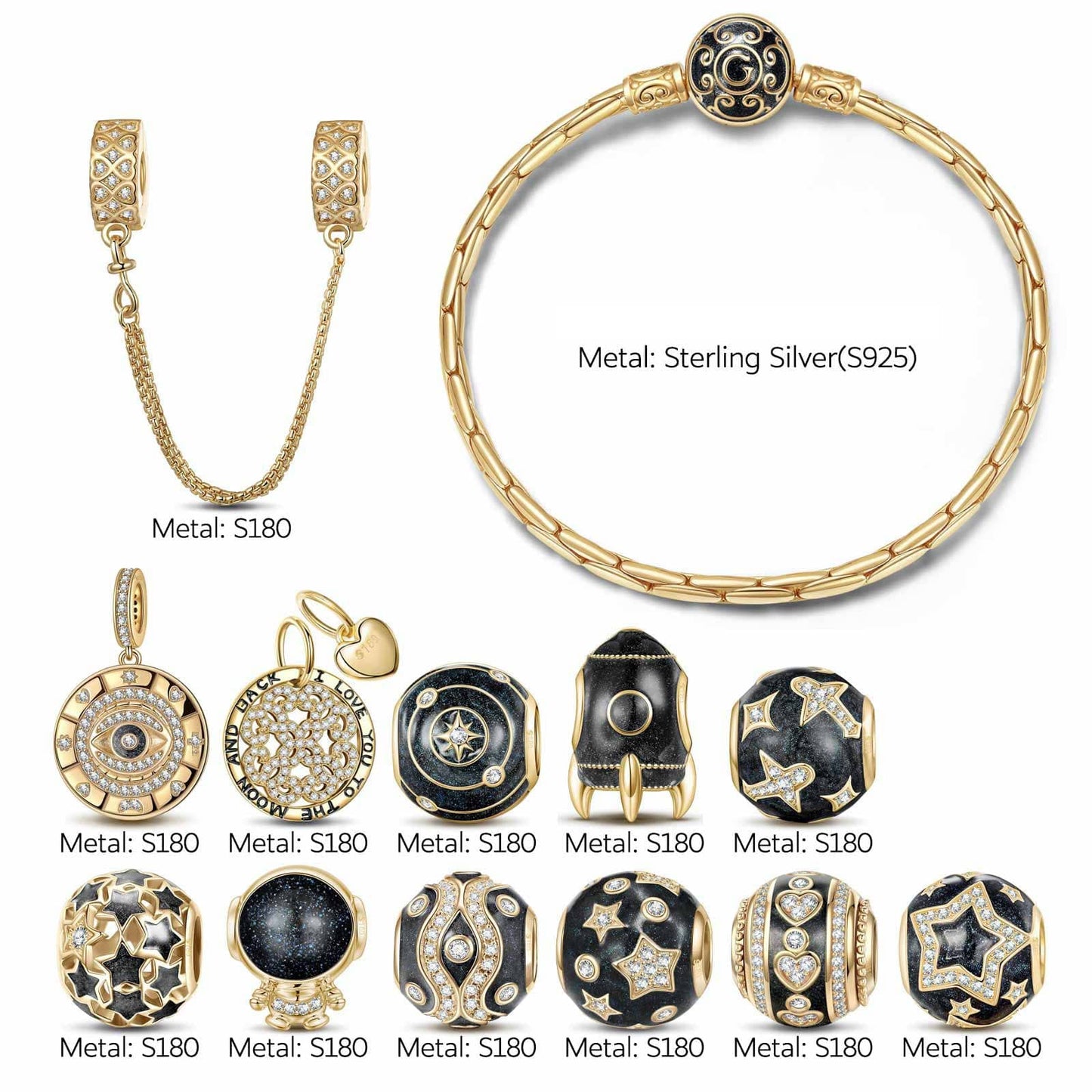 Sterling Silver Universe Dreams Charms Bracelet Set With Enamel In 14K Gold Plated (Includes bracelet and all charms shown)