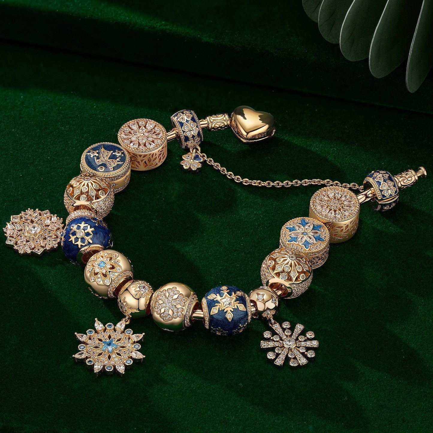 Sterling Silver Snowflake Dreams Charms Bracelet Set With Enamel In 14K Gold Plated (Includes bracelet and all charms shown)