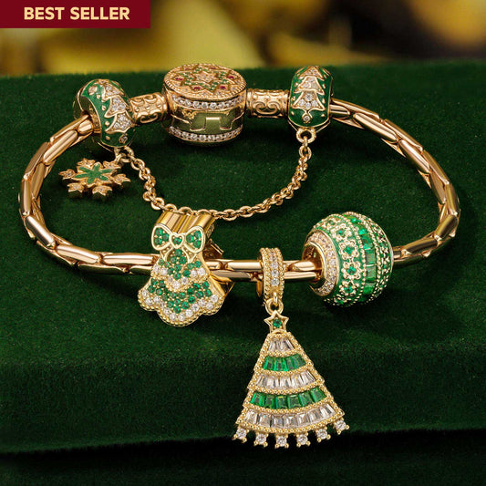gona- Sterling Silver Emerald Festive Tree Charms Bracelet Set In 14K Gold Plated (Includes bracelet and all charms shown)