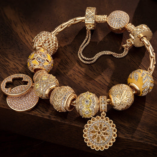 gona- Sterling Silver Sunlit Fall Charms Bracelet Set With Enamel In 14K Gold Plated (Includes bracelet and all charms shown)