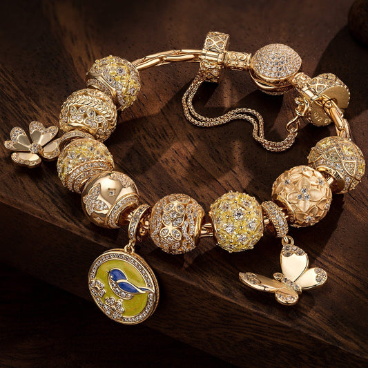gona- Sterling Silver Picturesque Autumn Charms Bracelet Set With Enamel In 14K Gold Plated (Includes bracelet and all charms shown)