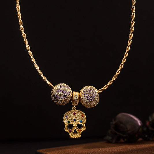 gona- Sterling Silver Amethyst Skull Charms Necklace Set In 14K Gold Plated