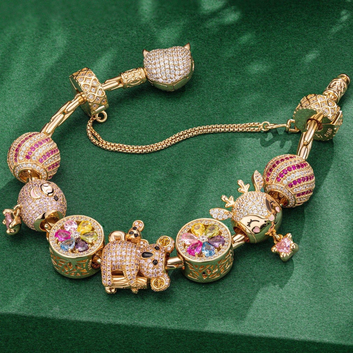 Sterling Silver Fairytale Fores Charms Bracelet Set In 14K Gold Plated (Includes bracelet and all charms shown)