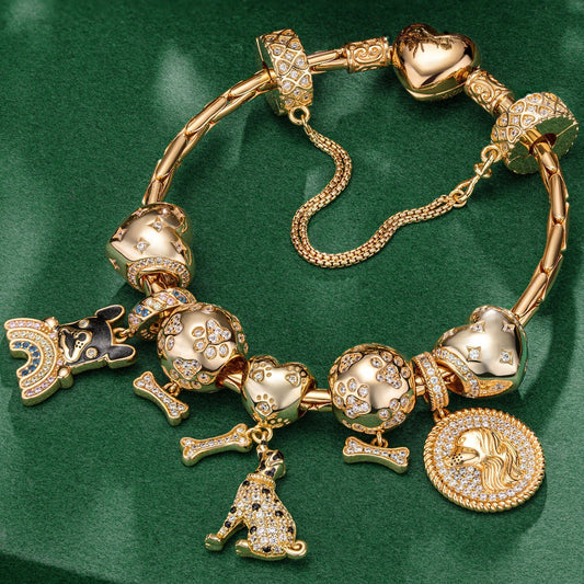gona- Sterling Silver Doggy Delight Charms Bracelet Set In 14K Gold Plated (Includes bracelet and all charms shown)