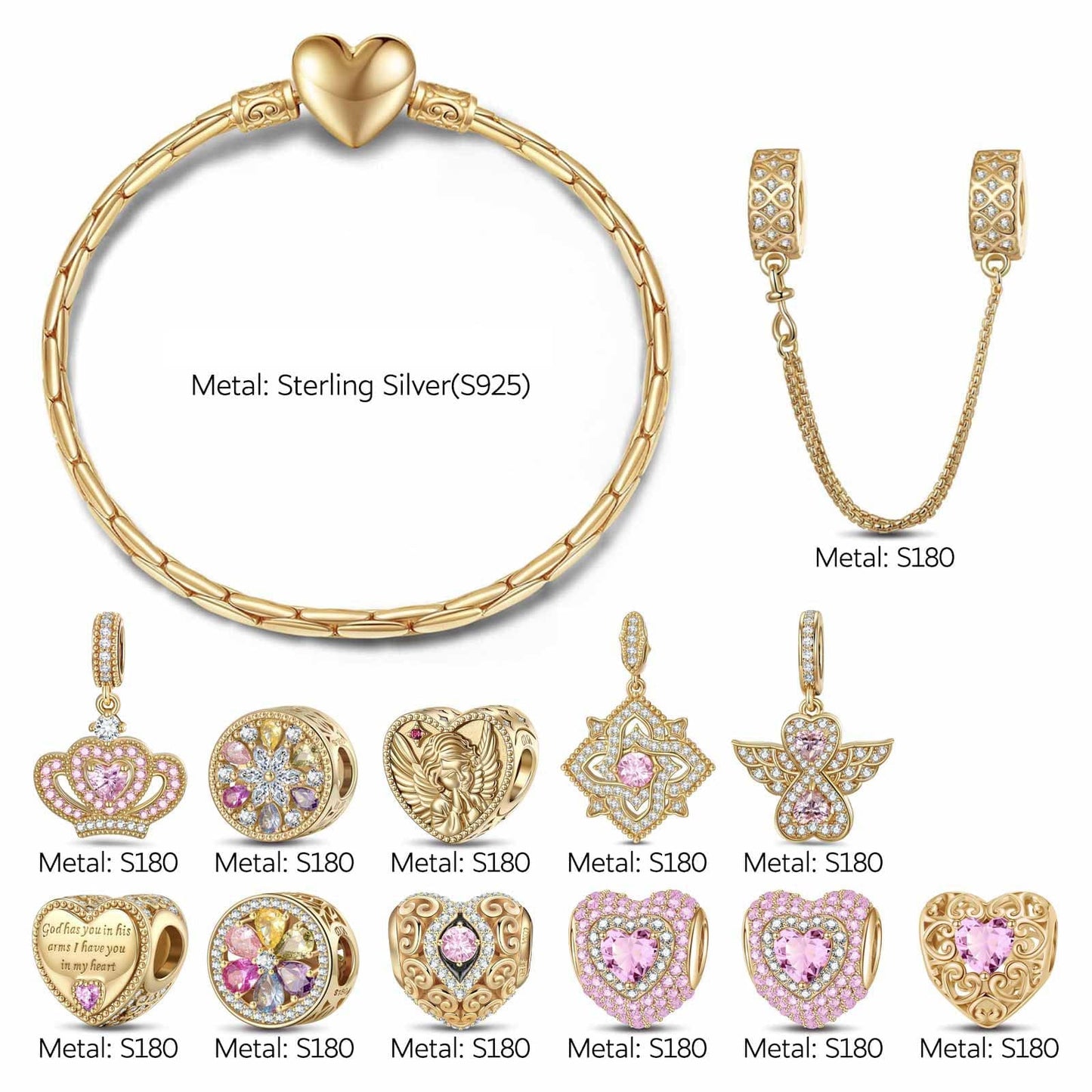 Sterling Silver My Princess October Birthstone Charms Bracelet Set In 14K Gold Plated (Includes bracelet and all charms shown)