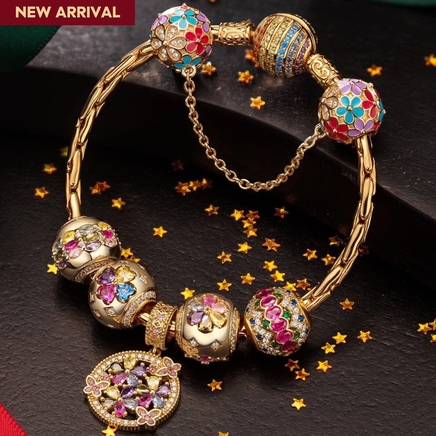 Sterling Silver Dance of Colors Charms Bracelet Set In 14K Gold Plated (Includes bracelet and all charms shown)
